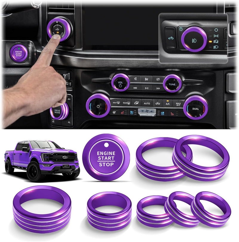 Polodunn ملحقات فورد F150 2021-2025 2026 و سوبر ديوتي F250 F350 F450 2023-2026، مجموعة غطاء مقبض من سبائك الألمنيوم 9 قطع - بدء التشغيل، تكييف الهواء، الصوت، المصابيح الأمامية، المقطورة ووضع القيادة (أرجواني) - Image 1